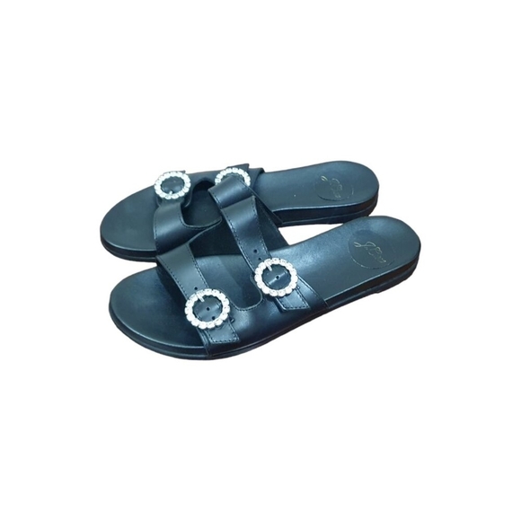 J.CREW Bedford Black Leather Two Straps Slide Sandals Rhinestone Detail … - Picture 4 of 6